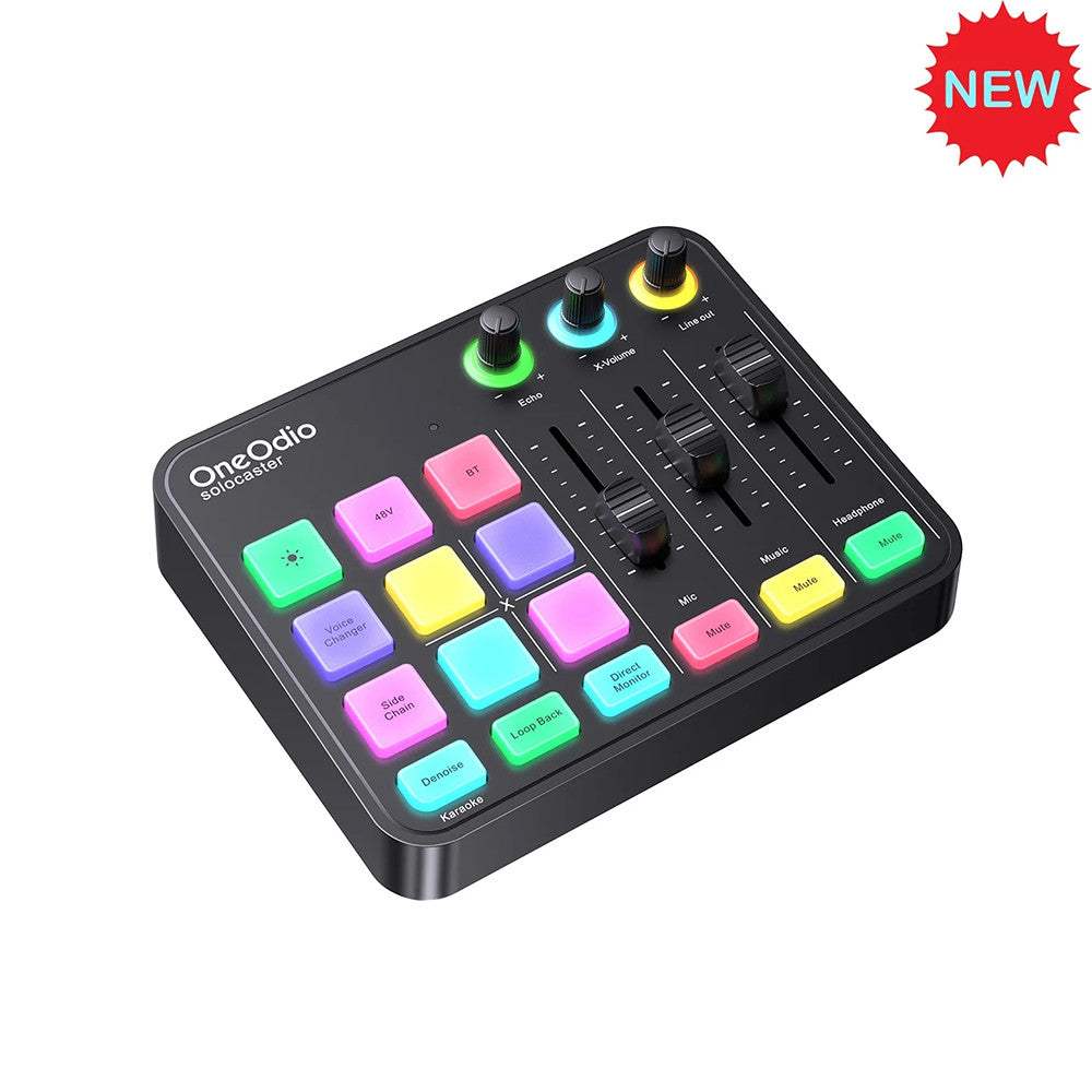 OneOdio Solocaster: All-in-one Audio Interface and Podcast Console with RGB Lighting for Live Streaming and Studio Recording.