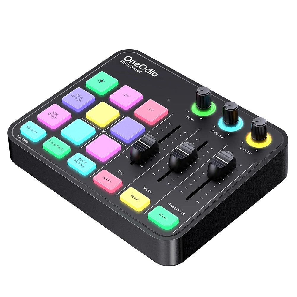 OneOdio Solocaster: All-in-one Audio Interface and Podcast Console with RGB Lighting for Live Streaming and Studio Recording.