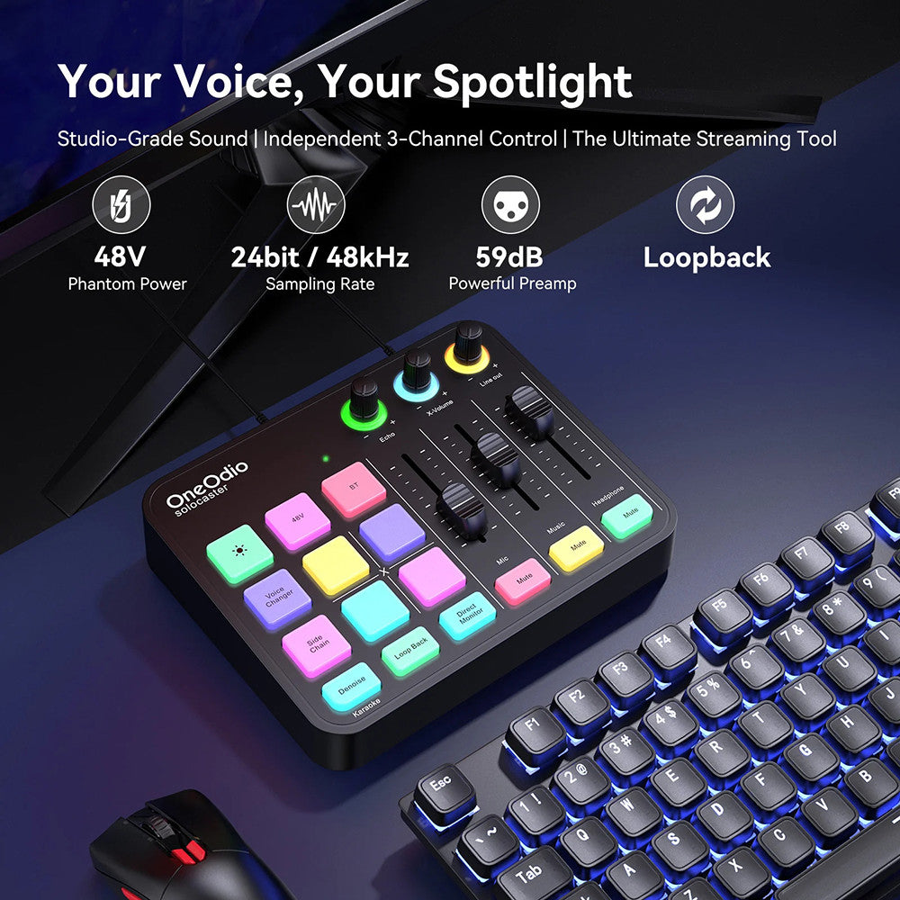 OneOdio Solocaster: All-in-one Audio Interface and Podcast Console with RGB Lighting for Live Streaming and Studio Recording.
