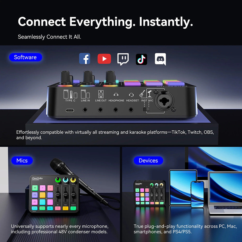 OneOdio Solocaster: All-in-one Audio Interface and Podcast Console with RGB Lighting for Live Streaming and Studio Recording.
