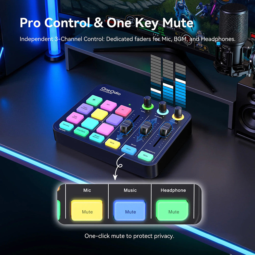 OneOdio Solocaster: All-in-one Audio Interface and Podcast Console with RGB Lighting for Live Streaming and Studio Recording.