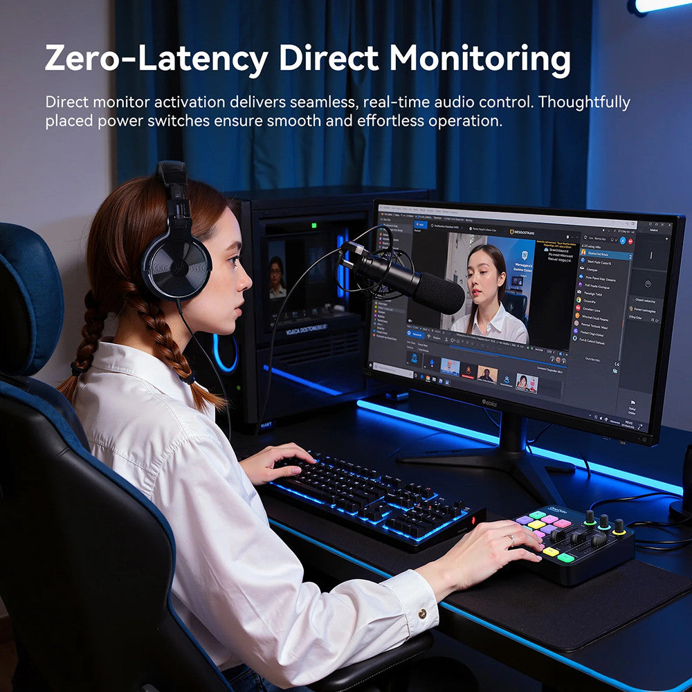 OneOdio Solocaster: All-in-one Audio Interface and Podcast Console with RGB Lighting for Live Streaming and Studio Recording.