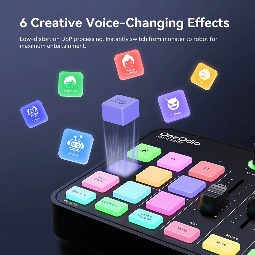 OneOdio Solocaster: All-in-one Audio Interface and Podcast Console with RGB Lighting for Live Streaming and Studio Recording.