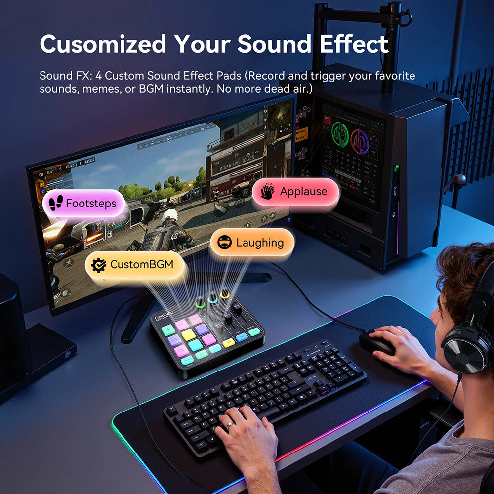 OneOdio Solocaster: All-in-one Audio Interface and Podcast Console with RGB Lighting for Live Streaming and Studio Recording.