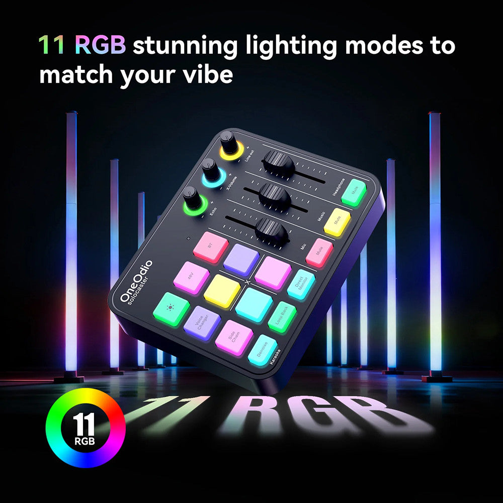 OneOdio Solocaster: All-in-one Audio Interface and Podcast Console with RGB Lighting for Live Streaming and Studio Recording.