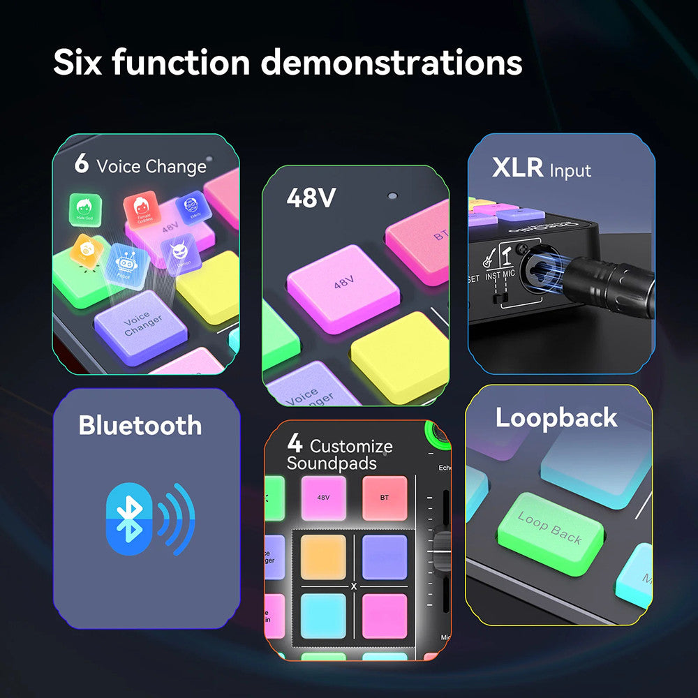 OneOdio Solocaster: All-in-one Audio Interface and Podcast Console with RGB Lighting for Live Streaming and Studio Recording.